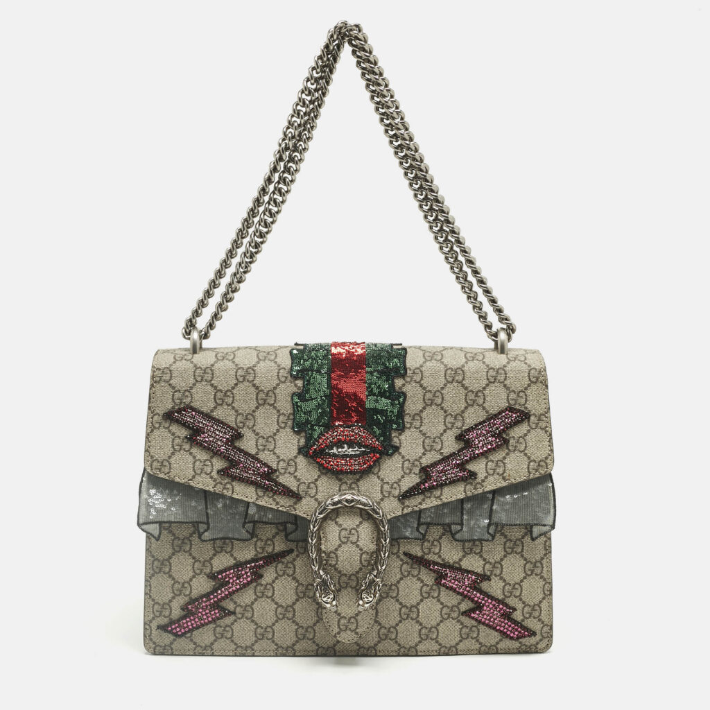Gucci Beige GG Supreme Canvas and Suede Medium Patchwork Crystal Dionysus Shoulder Bag Gucci Beige GG Supreme Canvas and Suede Medium Patchwork Crystal Dionysus Shoulder Bag