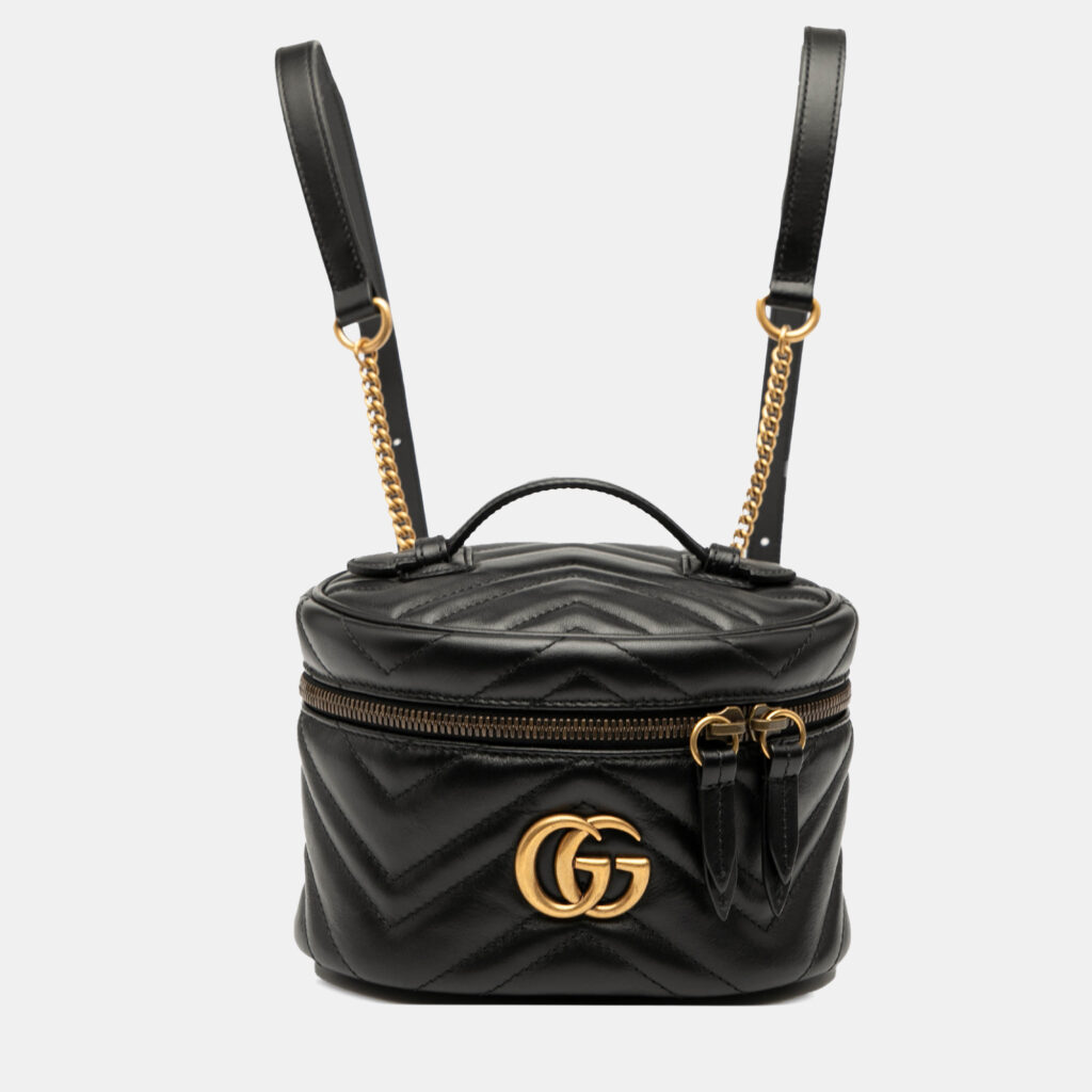 luxury-women-gucci-used-handbags-p1241863-005.jpg Gucci Black Mini GG Marmont Matelasse Leather Round Backpack