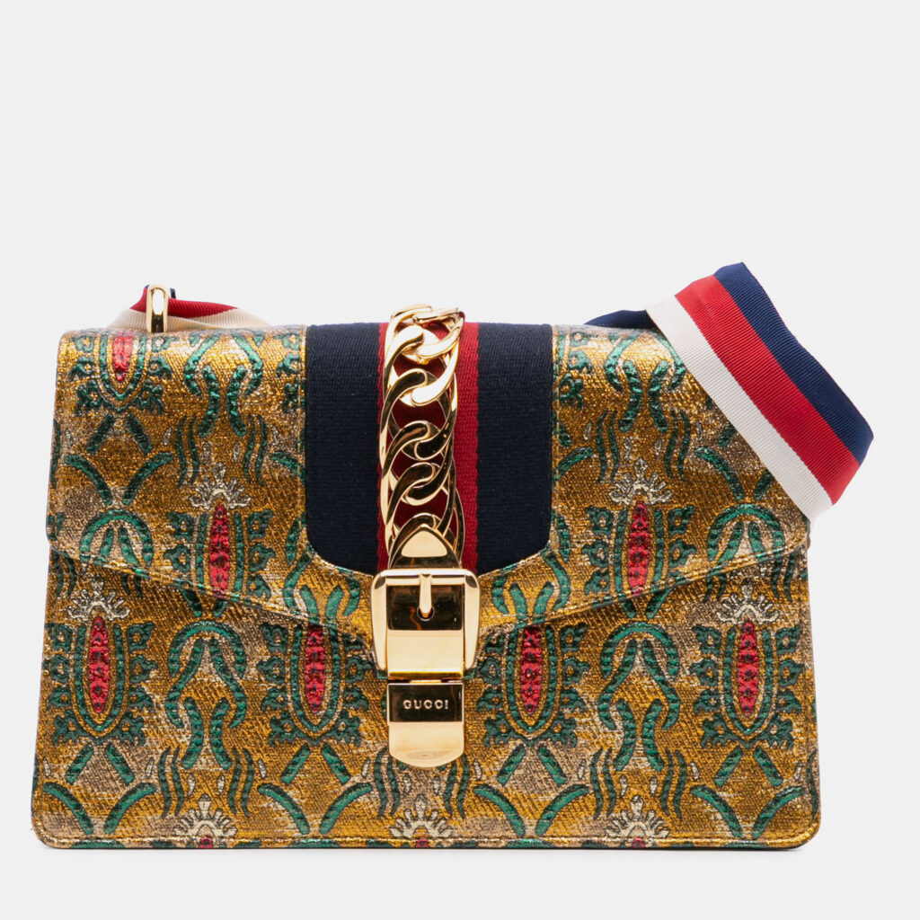 Gucci Gold Small Canvas Brocade Sylvie Satchel