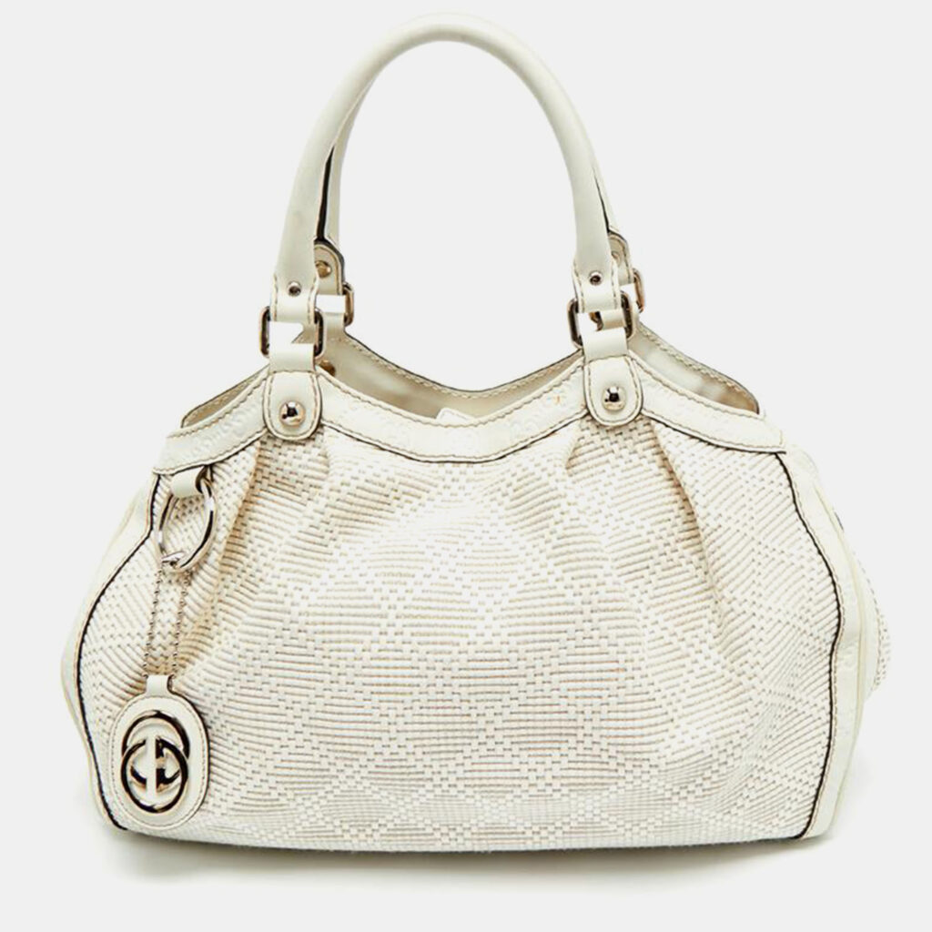 Gucci White Diamante Straw and Leather Medium Sukey Tote Gucci White Diamante Straw and Leather Medium Sukey Tote