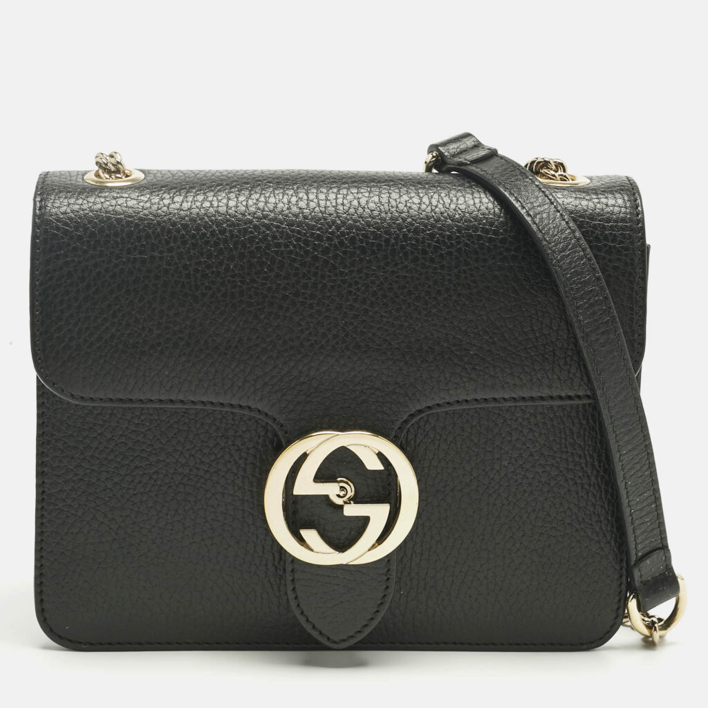 Gucci Black Leather Dollar Interlocking G Flap Chain Shoulder Bag