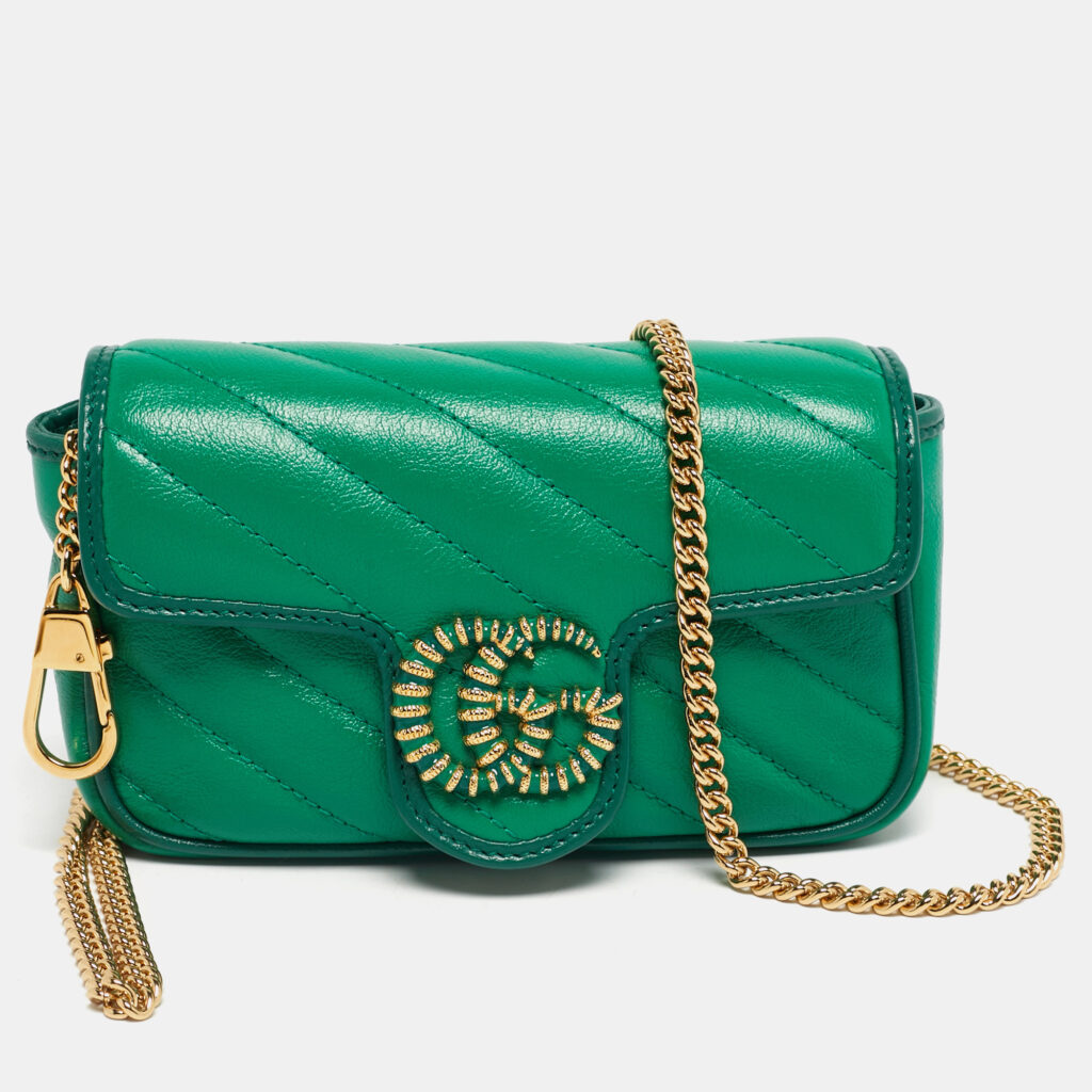 luxury-women-gucci-used-handbags-p1242771-001-1.jpg Gucci Green Diagonal Quilt Leather Super Mini GG Marmont Torchon Shoulder Bag