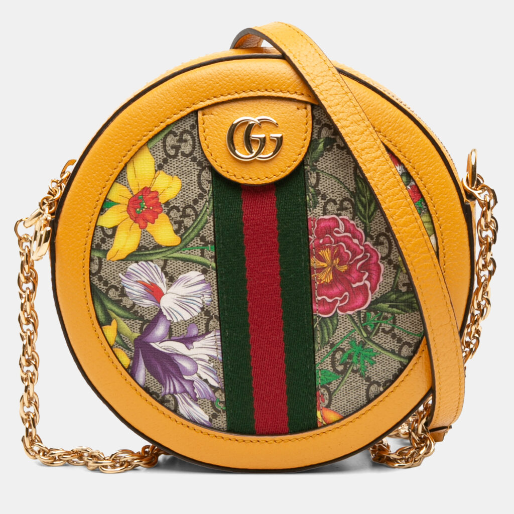 Gucci Brown/Orange Mini GG Supreme Flora Ophidia Round Crossbody Gucci Brown/Orange Mini GG Supreme Flora Ophidia Round Crossbody