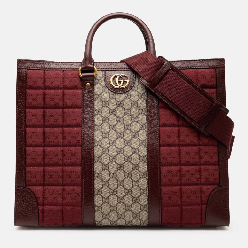 luxury-women-gucci-used-handbags-p1245022-004-1.jpg Gucci Burgundy Medium GG Supreme and Quilted Mini GG Canvas Double G Tote