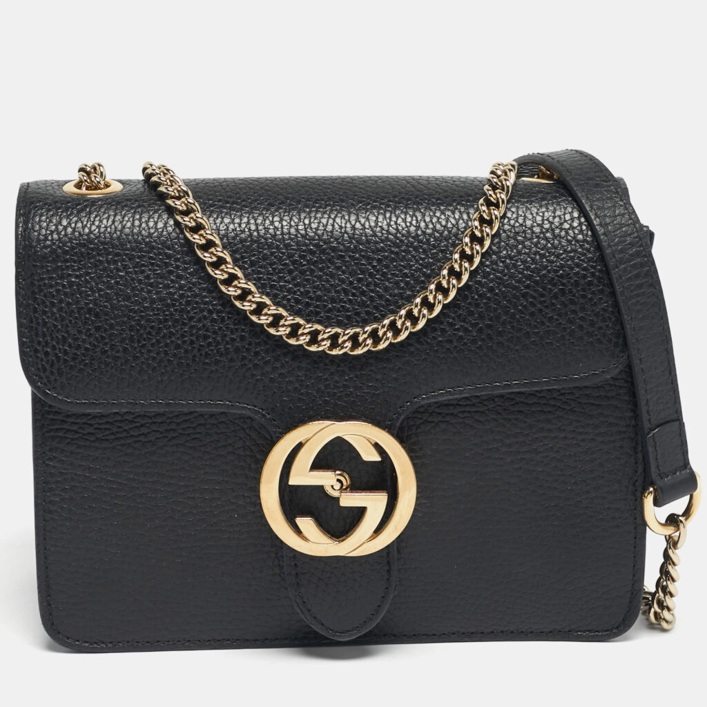 luxury-women-gucci-used-handbags-p1245528-005-1.jpg Gucci Black Leather Dollar Interlocking G Shoulder Bag