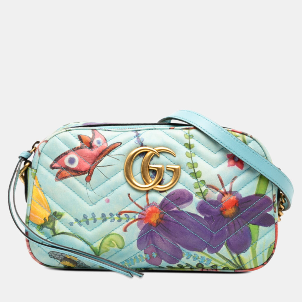 Gucci Blue Unskilled Worker Small GG Marmont Matelasse Calfskin Flora Painted Crossbody Gucci Blue Unskilled Worker Small GG Marmont Matelasse Calfskin Flora Painted Crossbody