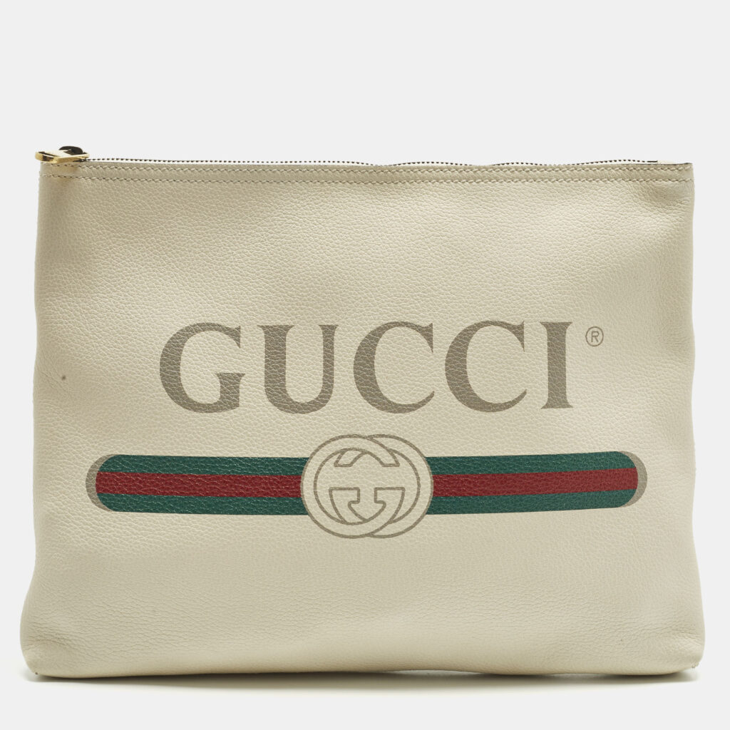 Gucci Logo Print Off White Leather Zip Pouch