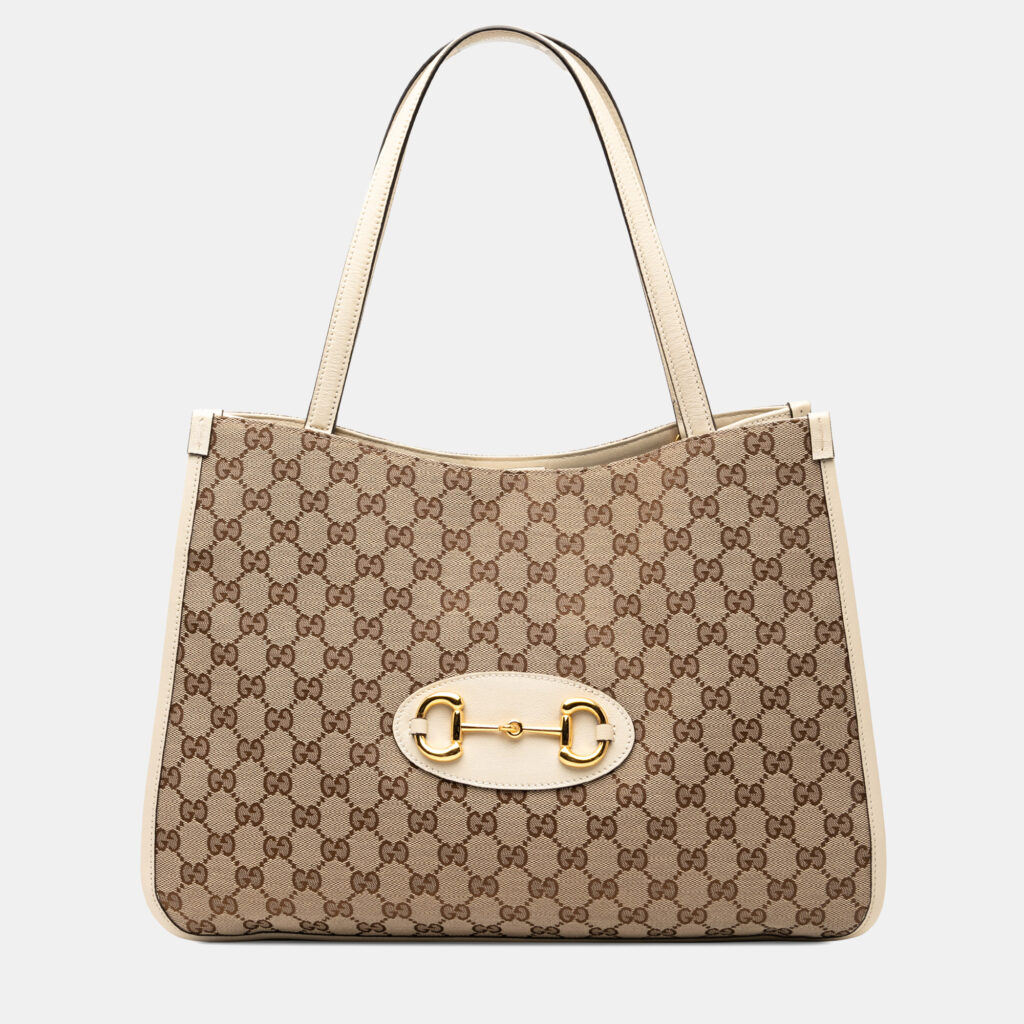 Gucci Brown White Medium GG Canvas Horsebit 1955 Tote Gucci Brown White Medium GG Canvas Horsebit 1955 Tote