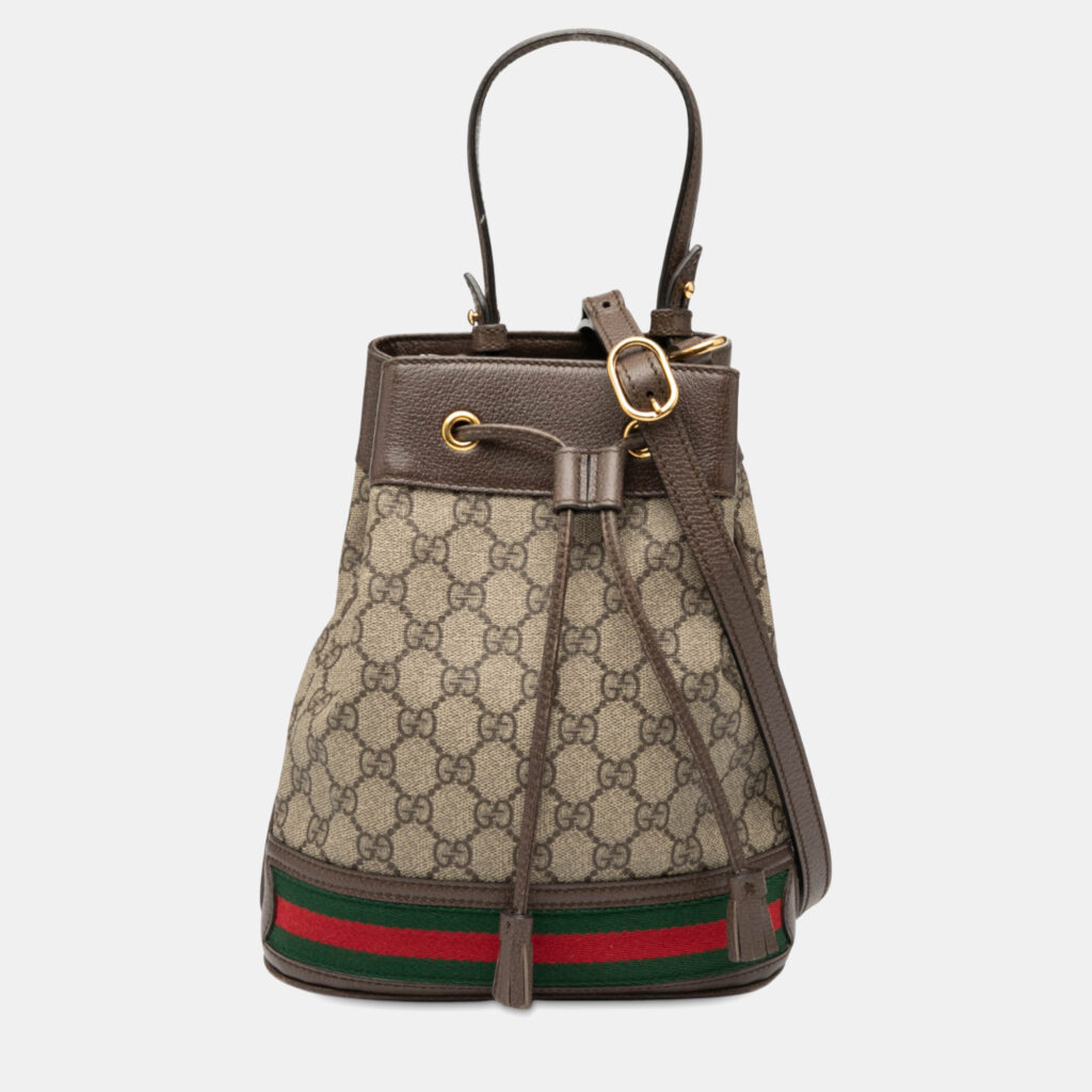 Gucci Brown Small GG Supreme Ophidia Web Bucket Bag Gucci Brown Small GG Supreme Ophidia Web Bucket Bag