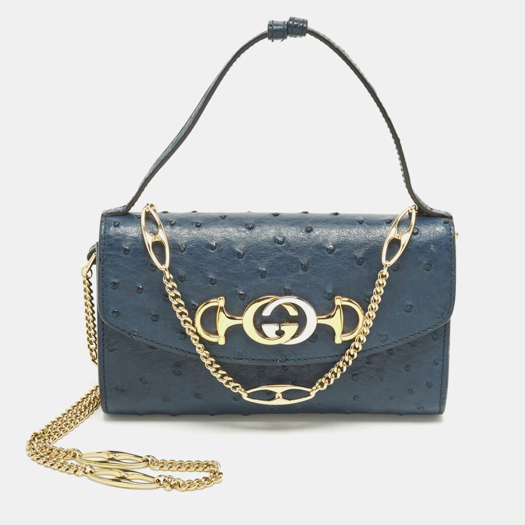 Gucci Zumi Navy Blue Ostrich Leather Chain Clutch
