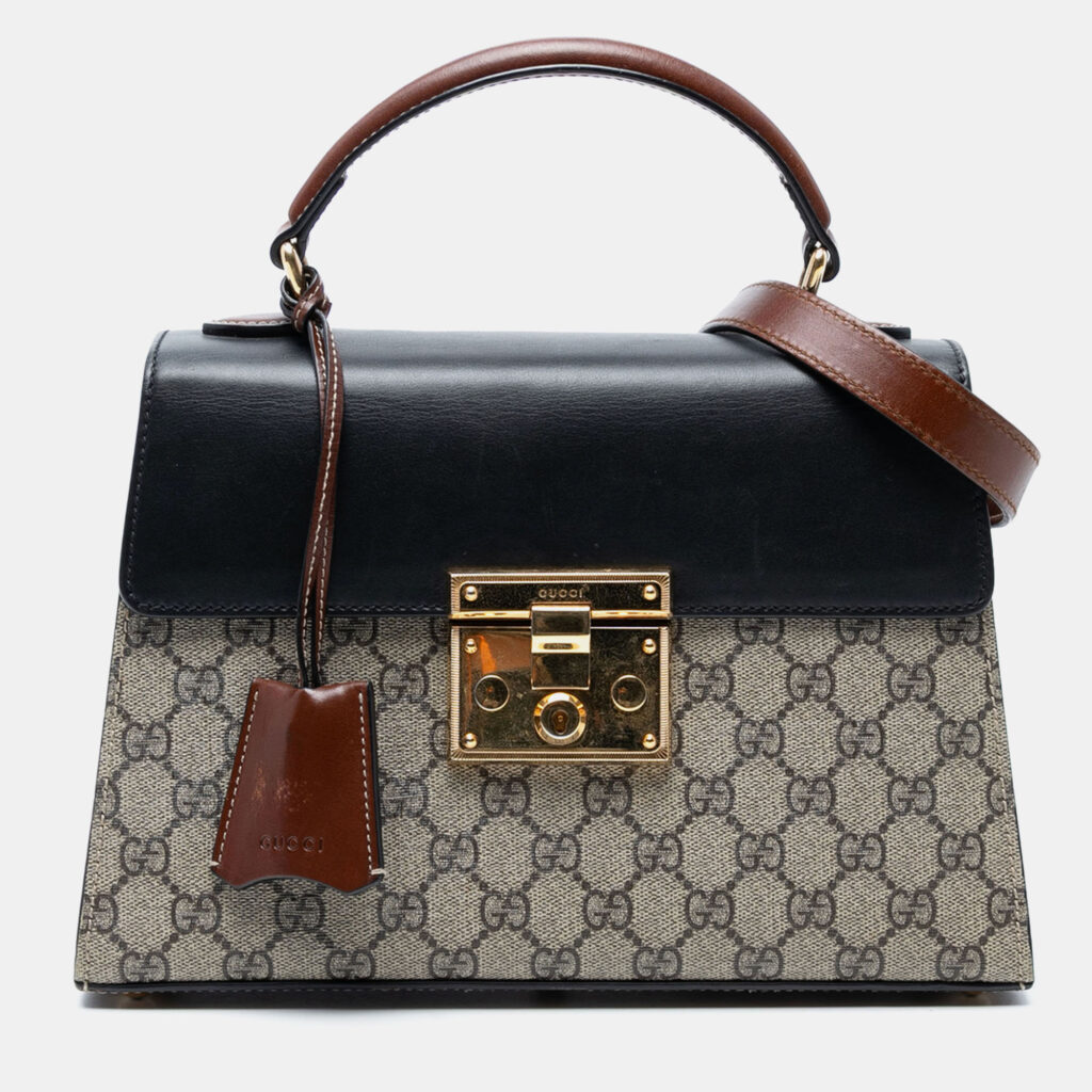 luxury-women-gucci-used-handbags-p1247586-007-1.jpg Gucci Black Brown Small GG Supreme Padlock Satchel
