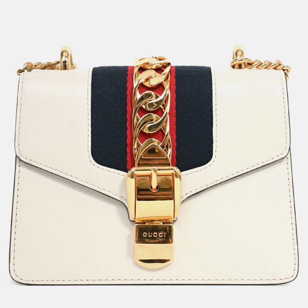 luxury-women-gucci-used-handbags-p1247853-004.jpg Gucci Cream Leather Web Mini Sylvie Chain Bag
