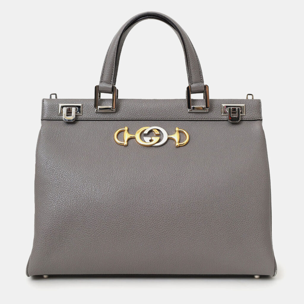 Gucci Grey Grained Leather Interlocking G Horsebit Zumi Medium Tote with Strap Gucci Grey Grained Leather Interlocking G Horsebit Zumi Medium Tote with Strap