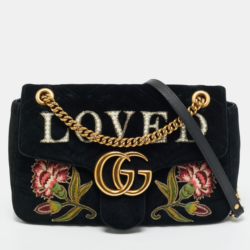 Gucci GG Marmont Loved Embellished Large Black Matelassé Velvet Shoulder Bag