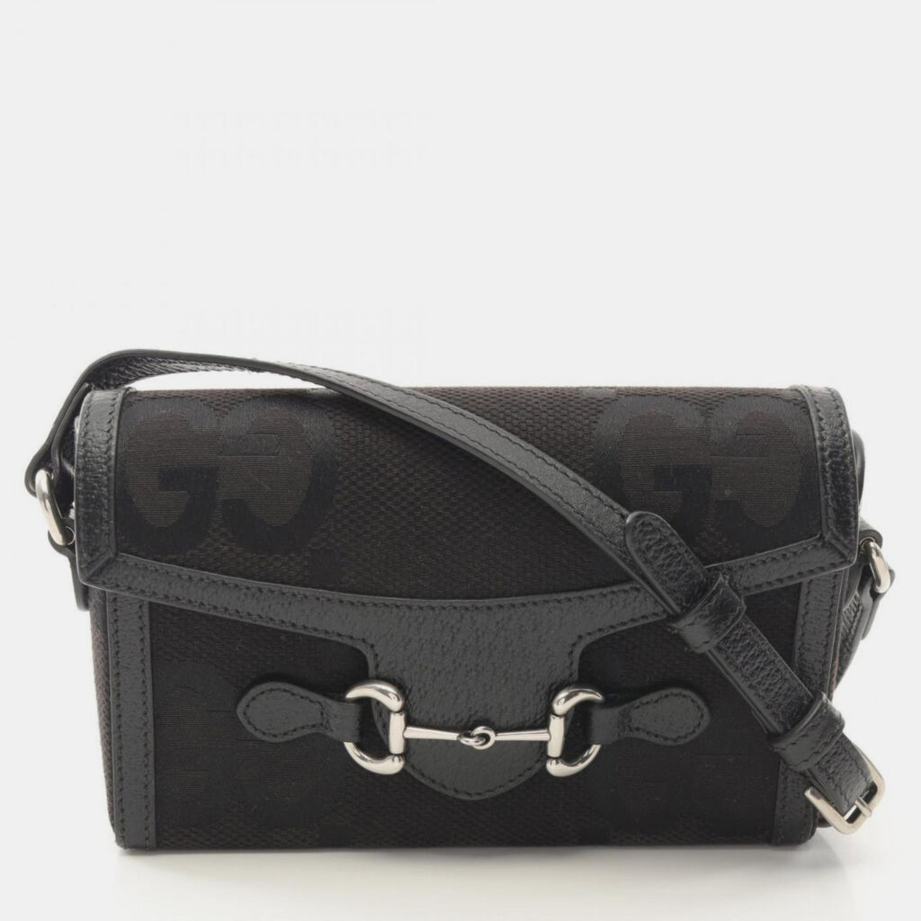 luxury-women-gucci-used-handbags-p1248537-006-1.jpg Gucci Horsebit 1955 Jumbo GG Black Canvas Leather Shoulder Bag