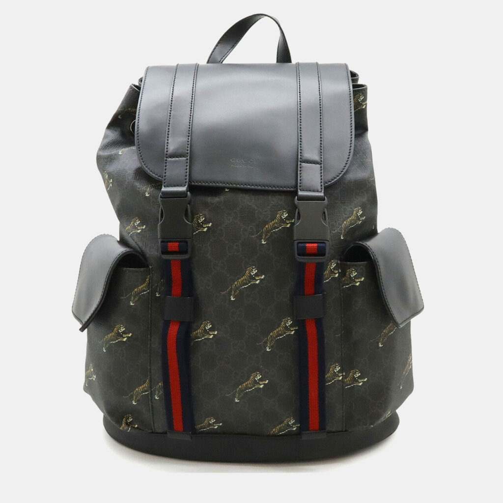 Gucci Soft Gg Supreme Sherry Line Backpack Tiger Pvc Leather Black Grey Gucci Soft Gg Supreme Sherry Line Backpack Tiger Pvc Leather Black Grey