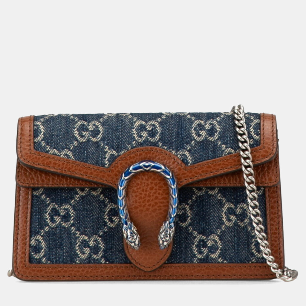 Gucci Gg Denim Dionysus Super Mini Bag Crossbody Chain Indigo Blue Brown Leather Gucci Gg Denim Dionysus Super Mini Bag Crossbody Chain Indigo Blue Brown Leather