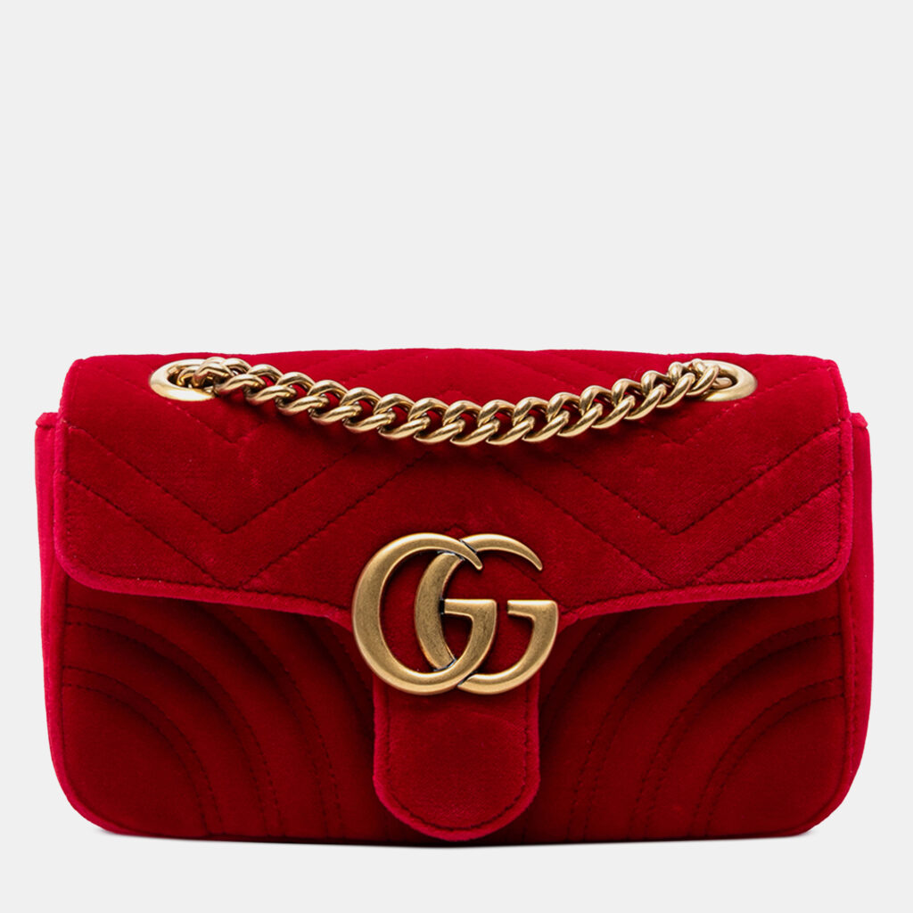 Gucci Red Small GG Marmont Matelasse Velvet Shoulder Bag
