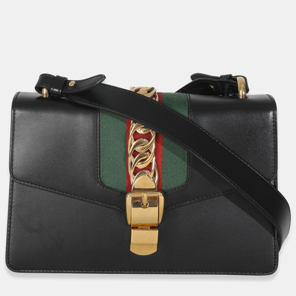Gucci Black Calfskin Web Small Sylvie Shoulder Bag Gucci Black Calfskin Web Small Sylvie Shoulder Bag