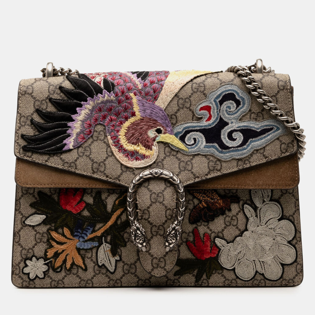 Gucci Brown Medium GG Supreme Embroidered Bird and Flowers Dionysus Shoulder Bag Gucci Brown Medium GG Supreme Embroidered Bird and Flowers Dionysus Shoulder Bag
