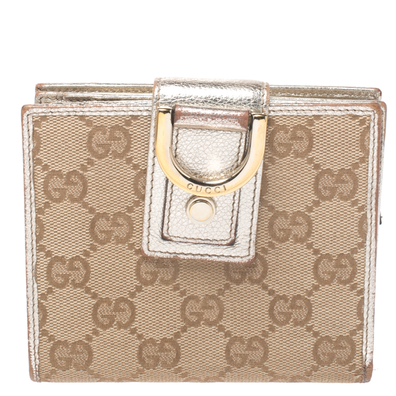 Gucci Beige/Metallic Gold GG Canvas Abbey D Ring Compact Wallet Gucci Beige/Metallic Gold GG Canvas Abbey D Ring Compact Wallet