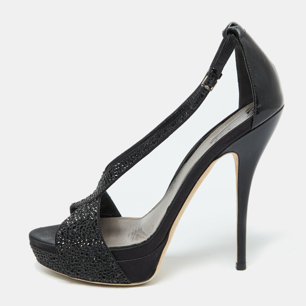 Gucci Black Satin and Patent Leather Crystal Embellished Platform Sandals Size 39 Gucci Black Satin and Patent Leather Crystal Embellished Platform Sandals Size 39