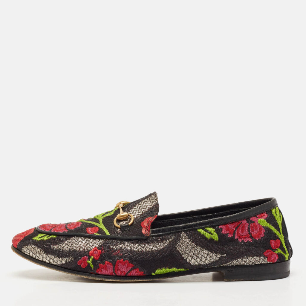 Gucci Multicolor Lurex Fabric Flower Embraided Jordaan Loafers Size 39 Gucci Multicolor Lurex Fabric Flower Embraided Jordaan Loafers Size 39