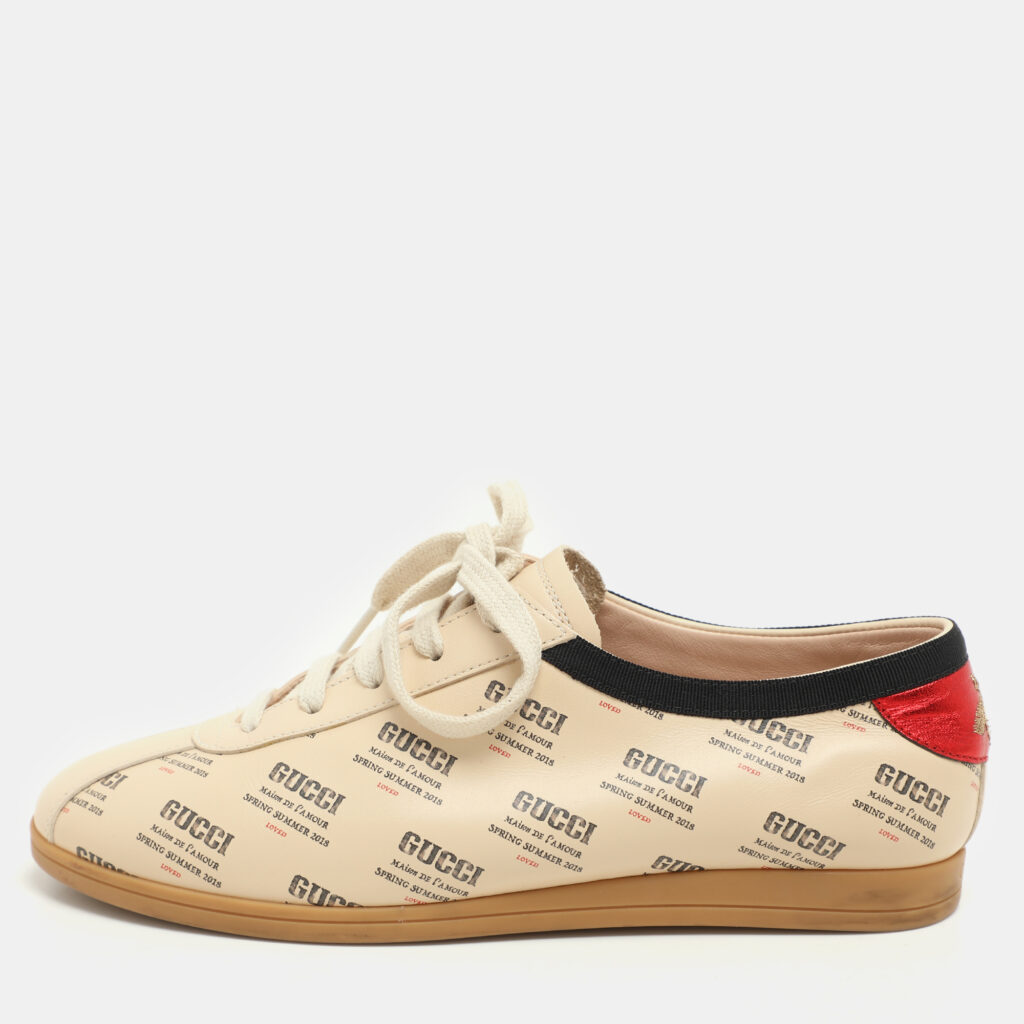 Gucci Beige Invite Print Leather Falacer Low Top Sneakers Size 37 Gucci Beige Invite Print Leather Falacer Low Top Sneakers Size 37