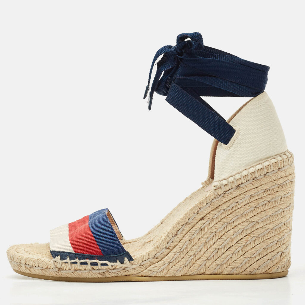 luxury-women-gucci-used-shoes-p1166754-010-1.jpg Gucci Multicolor Canvas Web Espadrille Wedge Ankle Wrap Sandals Size 37.5