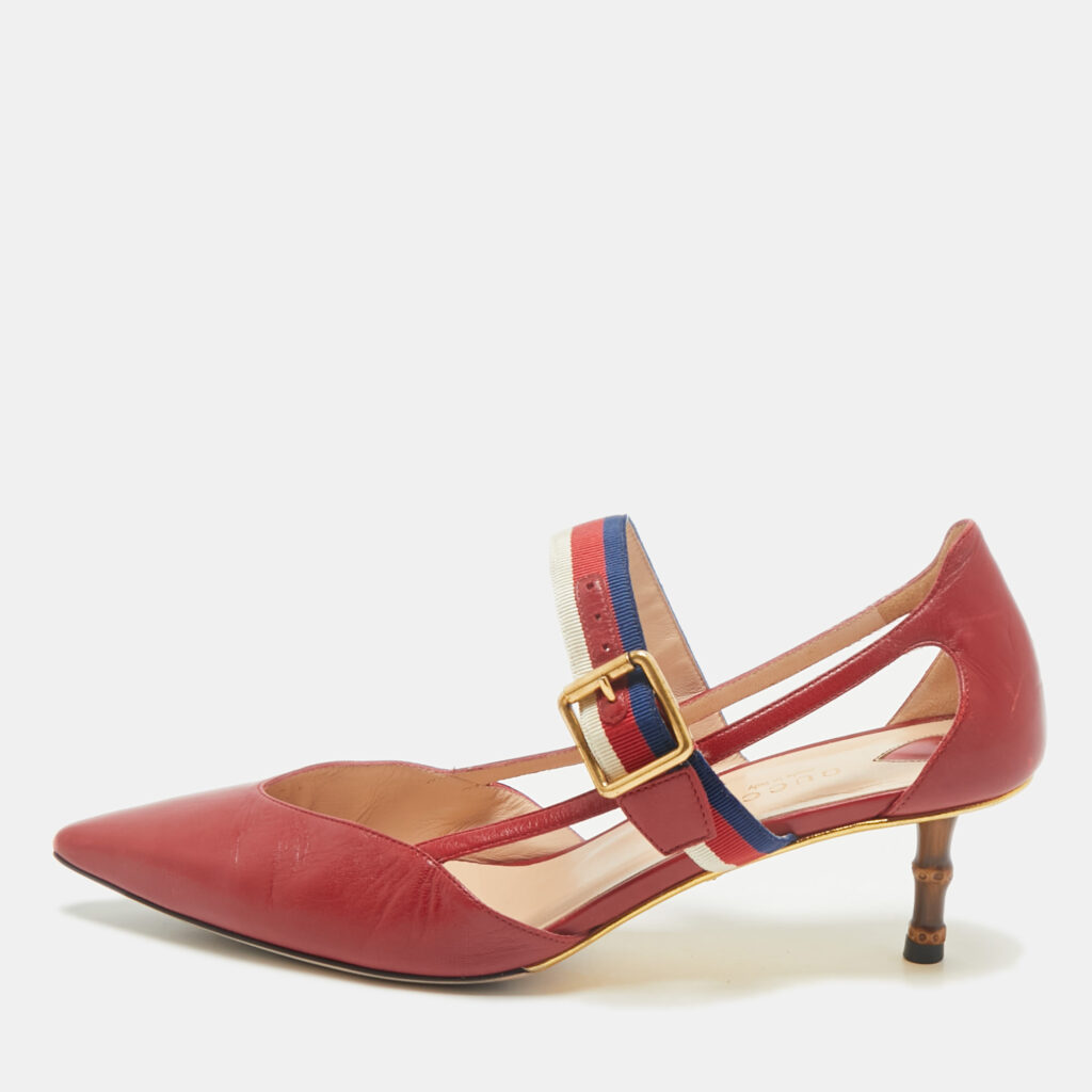 Gucci Red Leather Sylvie Web Strap Bamboo Heel Unia Pumps Size 38