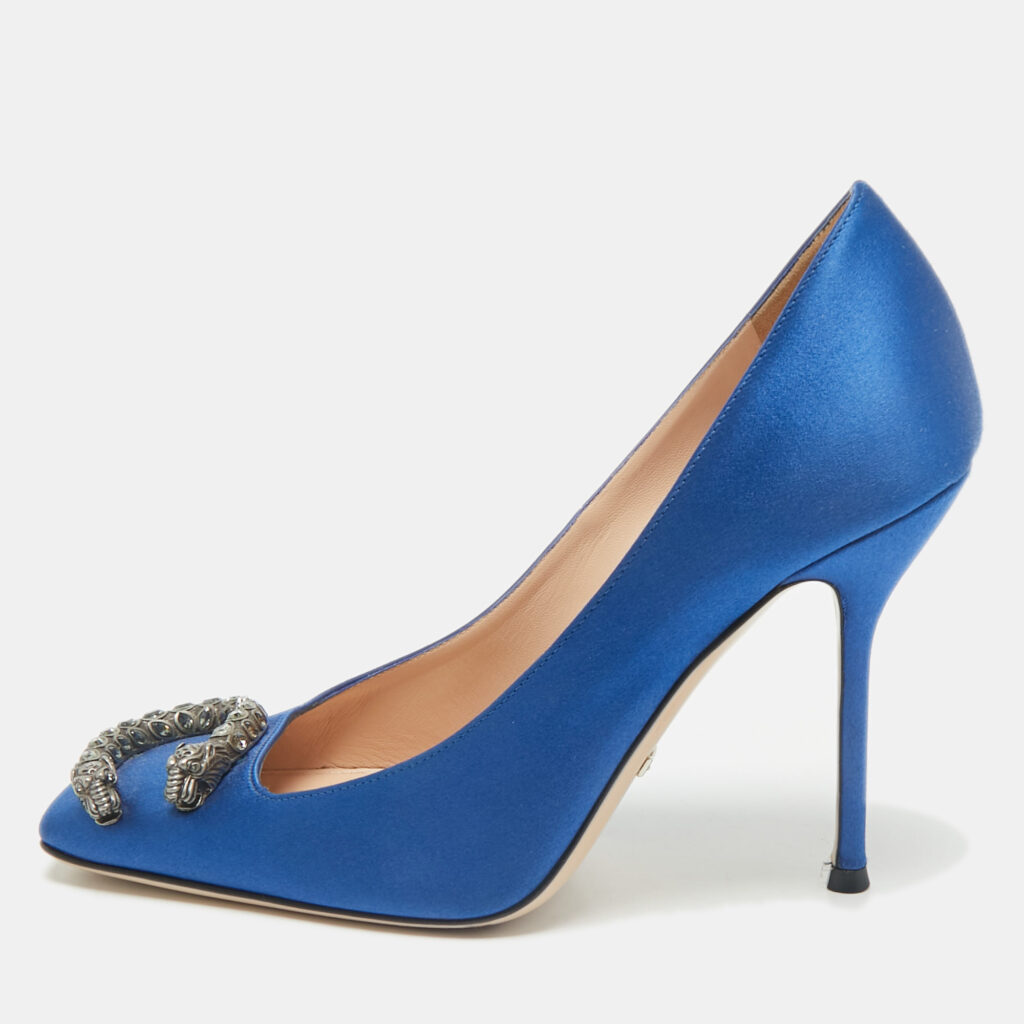 Gucci Blue Satin Embellished Dionysus Pumps Size 37.5