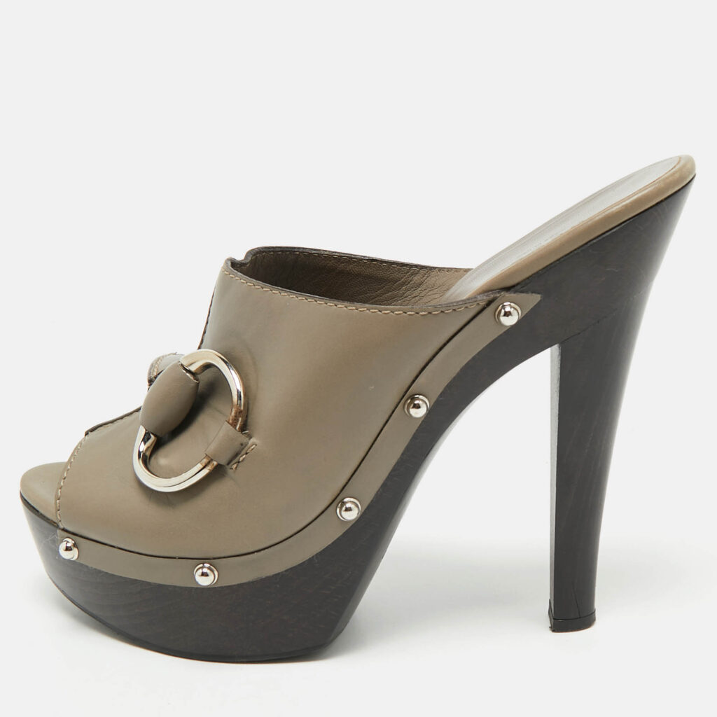 Gucci Grey Leather Icon Bit Platform Clogs Size 40.5