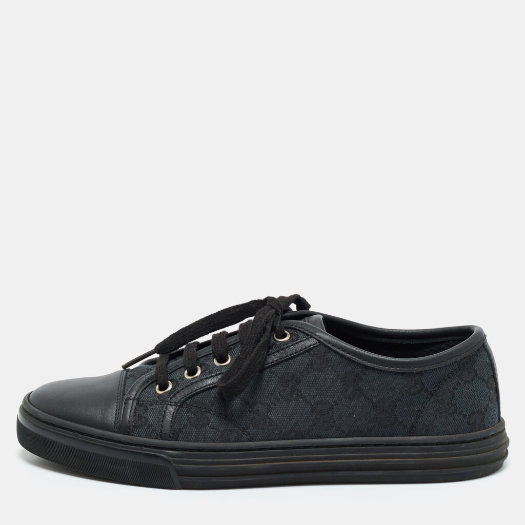 Gucci Black GG Canvas and Leather Web Lace Up Sneakers Size 36.5