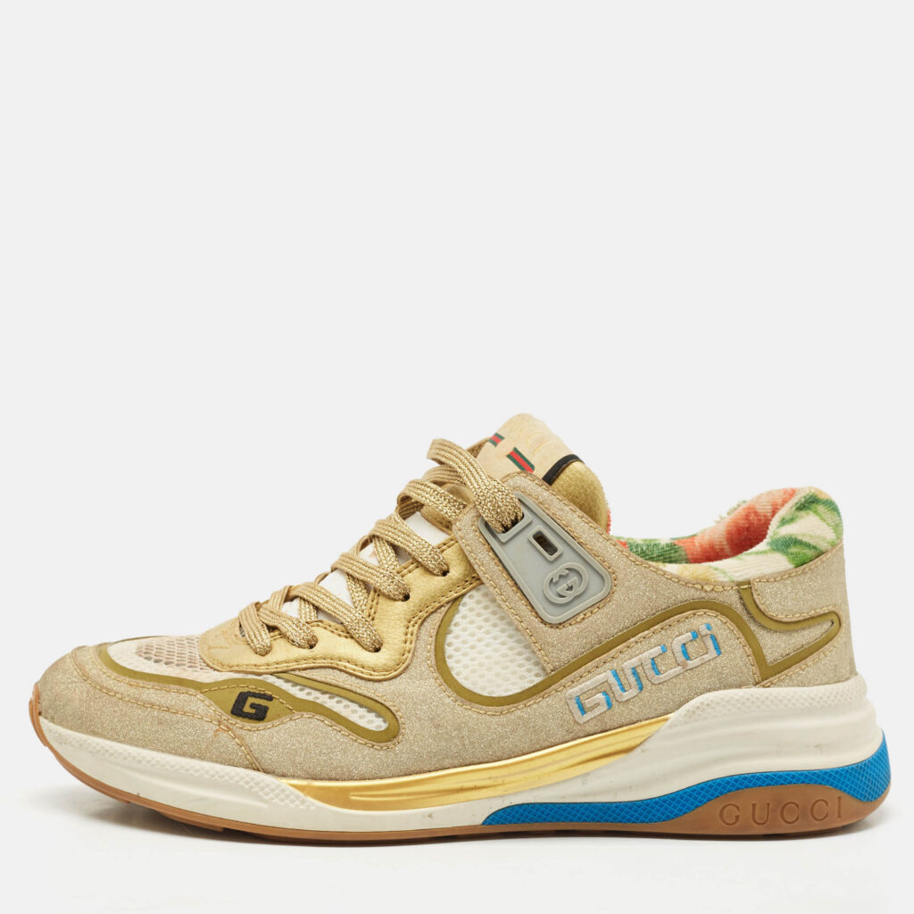 Gucci Gold/White Mesh, Glitter and Leather Ultrapace Low Top Sneakers Size 37.5 Gucci Gold/White Mesh, Glitter and Leather Ultrapace Low Top Sneakers Size 37.5