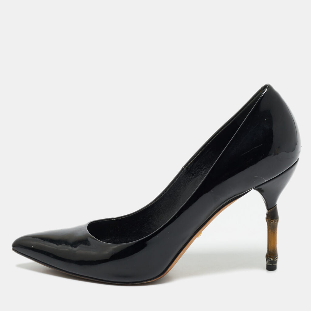 Gucci Black Patent Leather Kristen Bamboo Heel Pumps Size 38