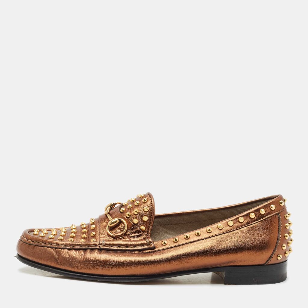 Gucci Gold Leather Spike Embellished Slip On Loafers Size 38 Gucci Gold Leather Spike Embellished Slip On Loafers Size 38
