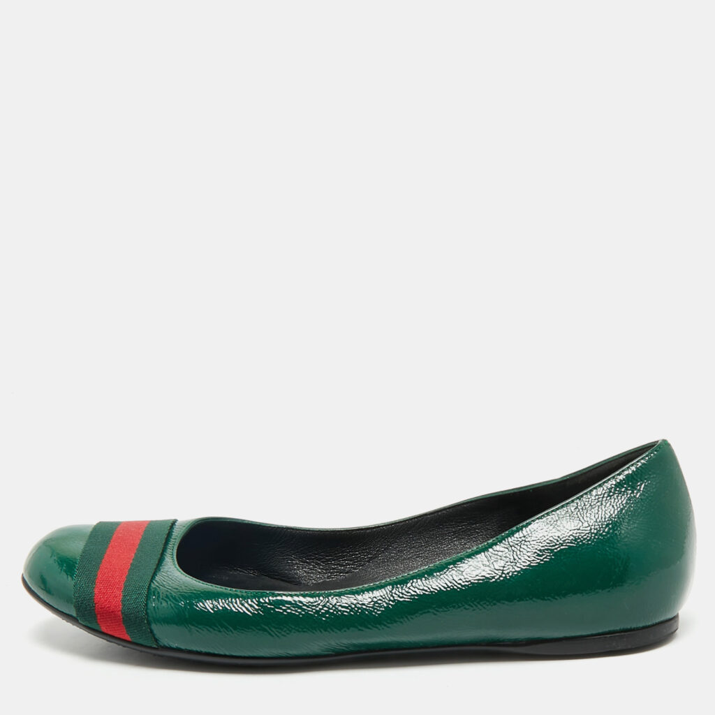luxury-women-gucci-used-shoes-p1176125-008-1.jpg Gucci Green Leather Web Detail Ballet Flats Size 37