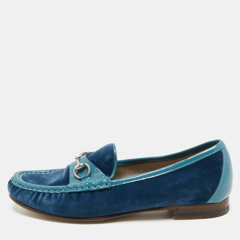 Gucci Blue Velvet and Patent Horsebit Slip On Loafers Size 38 Gucci Blue Velvet and Patent Horsebit Slip On Loafers Size 38