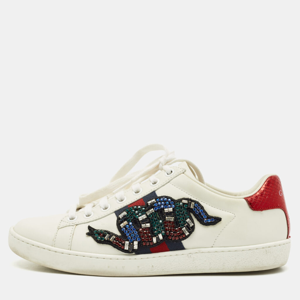 Gucci White Leather and Snakeskin Embossed Leather Ace Low Top Sneakers Size 35.5 Gucci White Leather and Snakeskin Embossed Leather Ace Low Top Sneakers Size 35.5