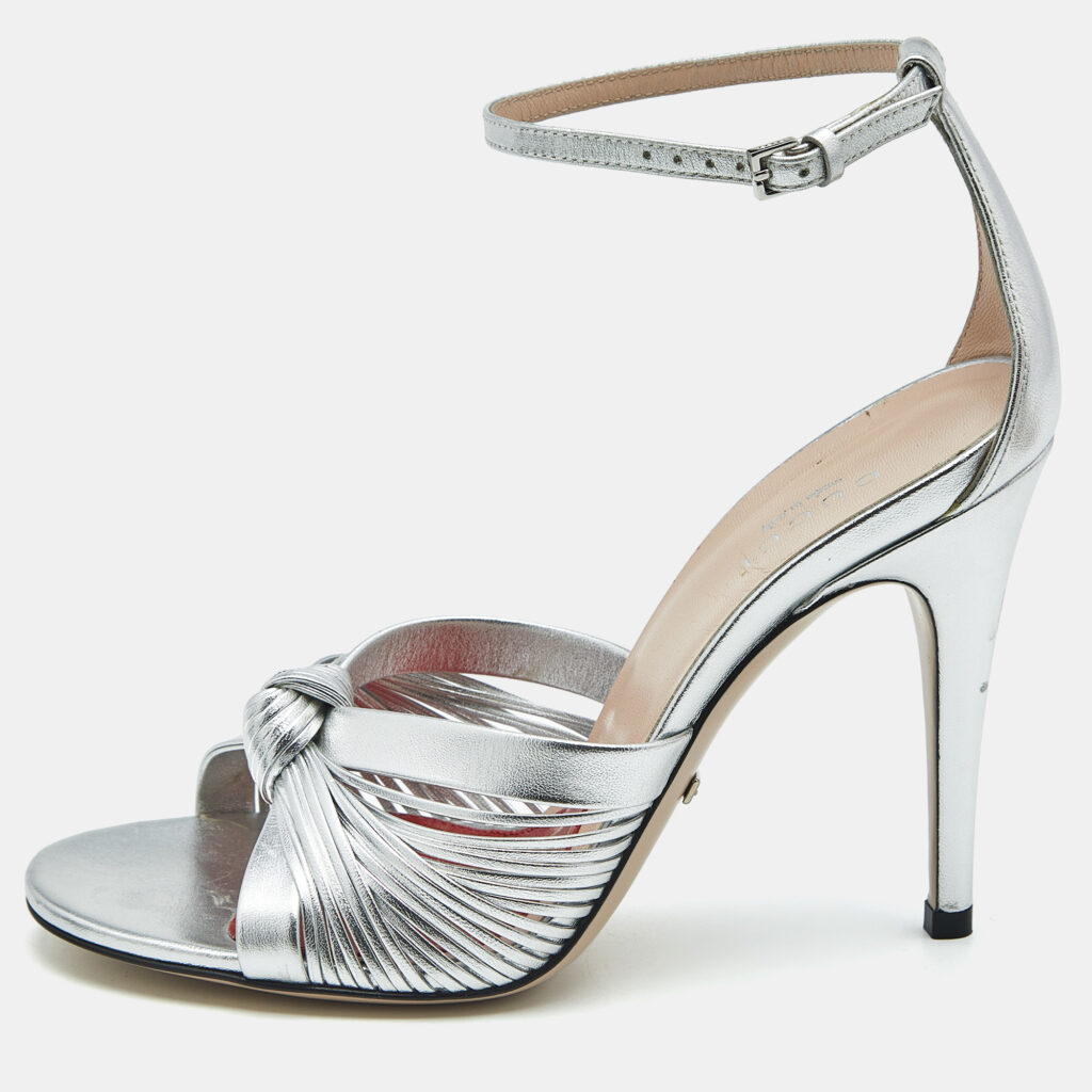 Gucci Silver Leather Allie Knot Ankle Strap Sandals Size 36