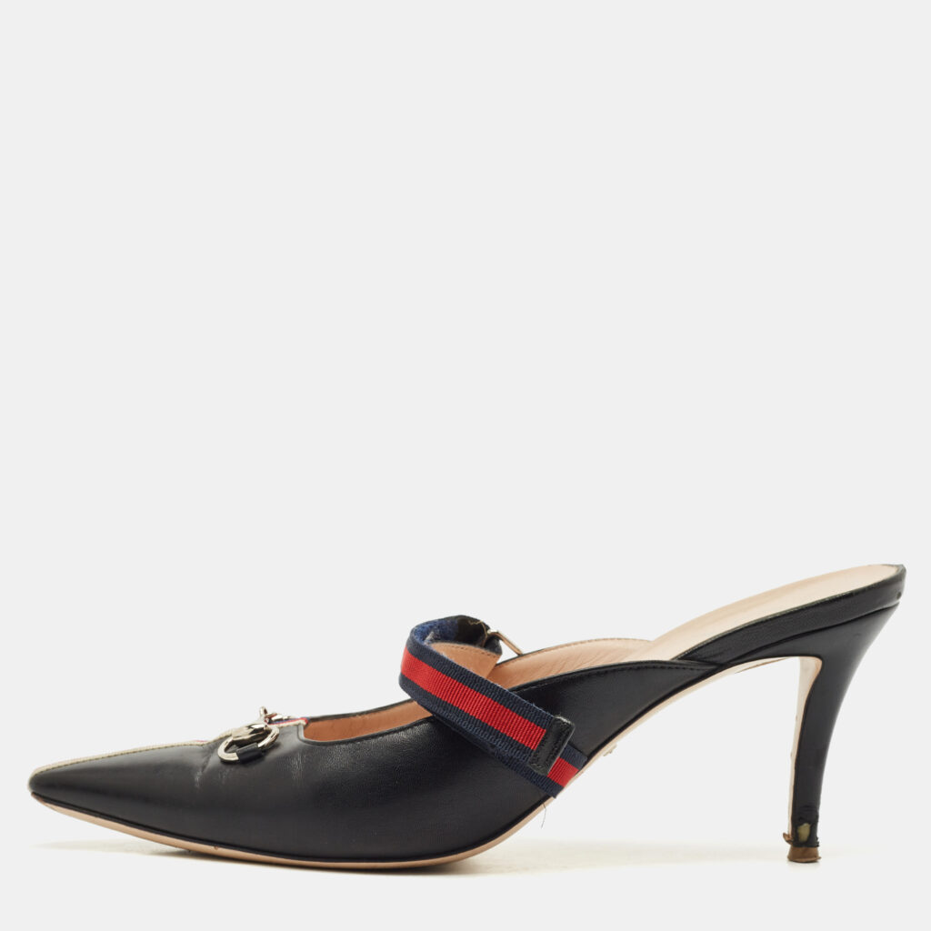 Gucci Black/Red Leather Emma Web Strap Horsebit Mules Size 40.5