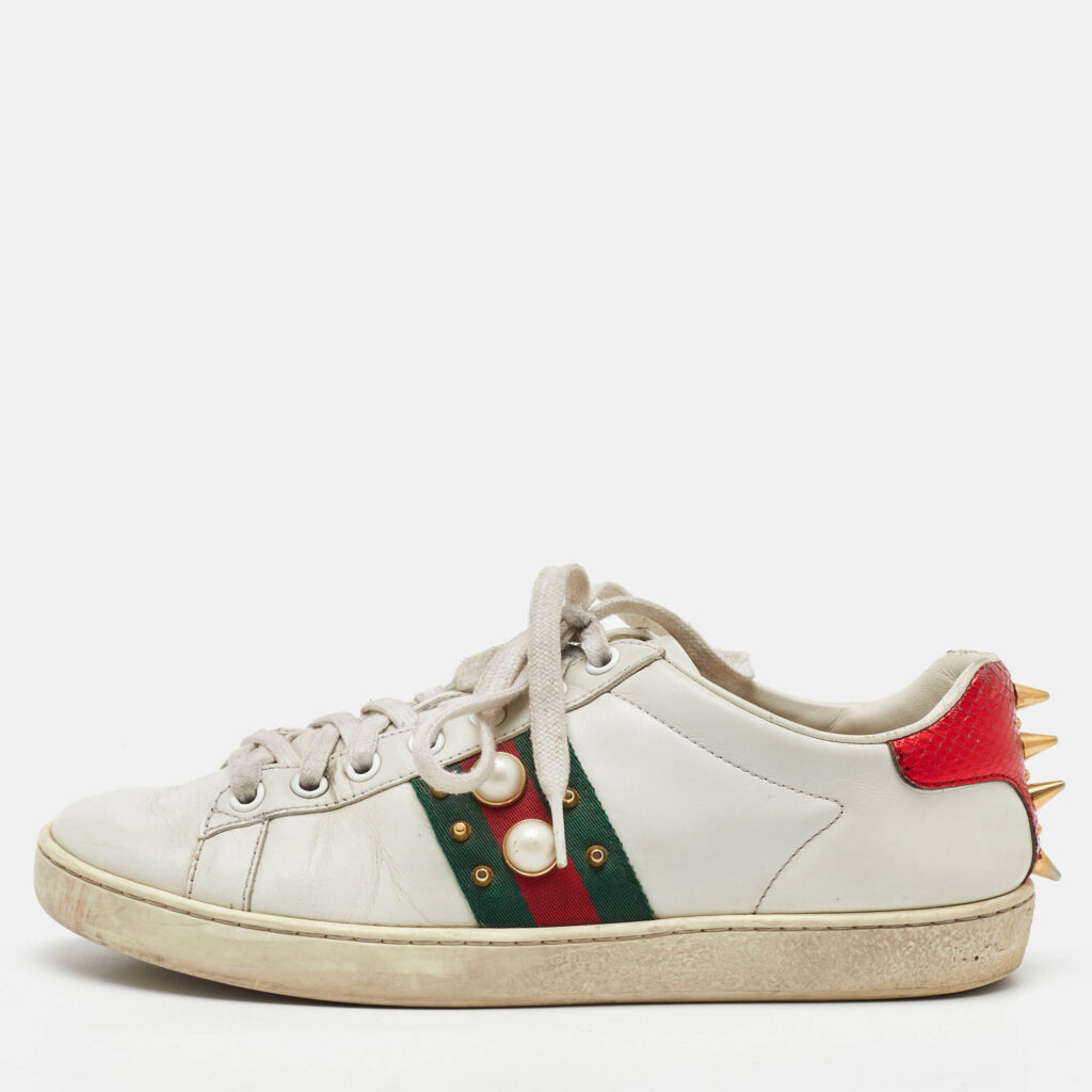 Gucci White Leather Pearl Embellished Ace Low Top Sneakers Size 37 Gucci White Leather Pearl Embellished Ace Low Top Sneakers Size 37
