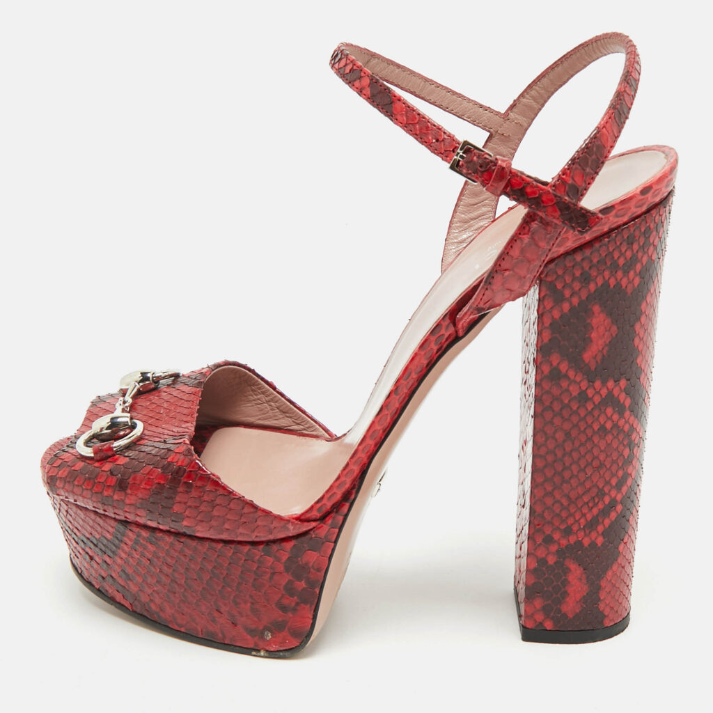 Gucci Red/Burgundy Python Leather Claudie Horsebit Platform Sandals Size 39 Gucci Red/Burgundy Python Leather Claudie Horsebit Platform Sandals Size 39