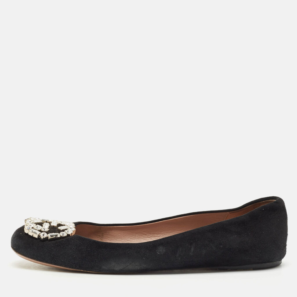 Gucci Black Suede Crystal Embellished Interlocking G Ballet Flats Size 37.5