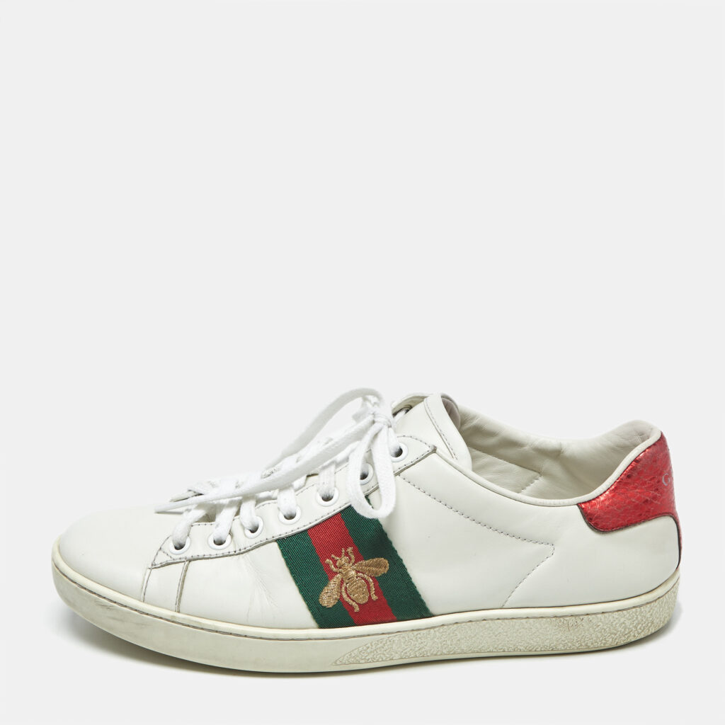 Gucci White Leather Bee Embroidered Ace Low Top Sneakers Size 37