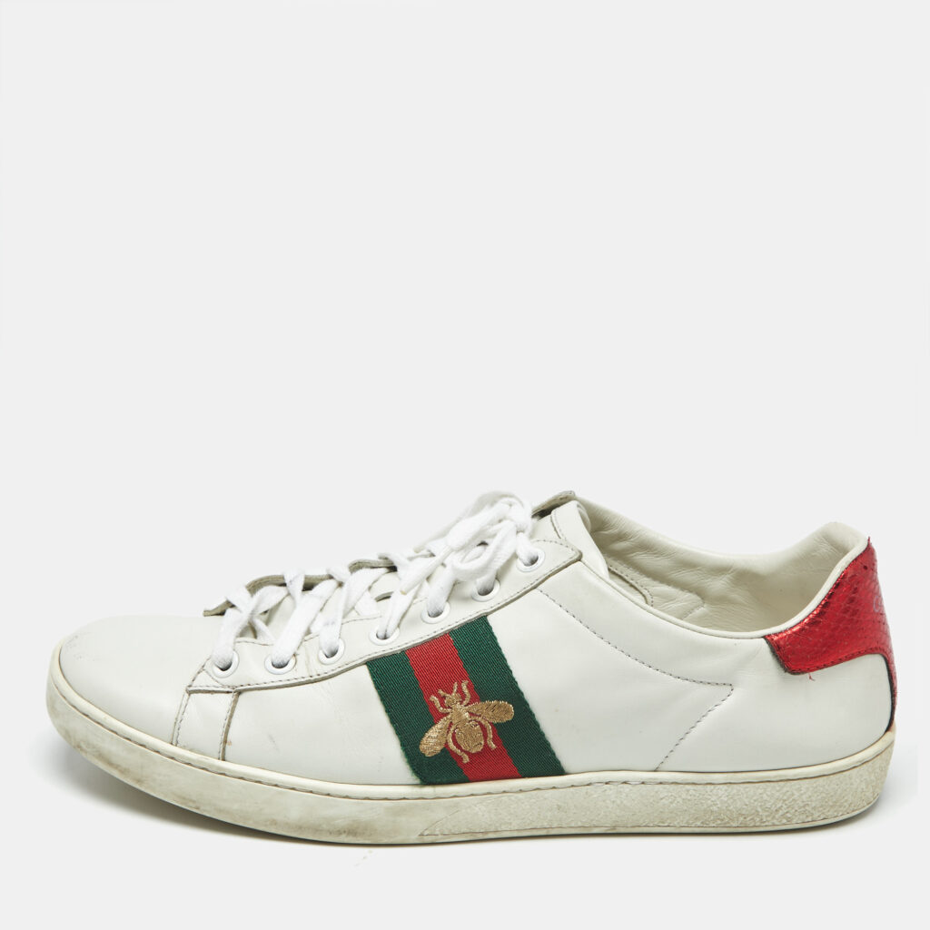 luxury-women-gucci-used-shoes-p1180730-001-1.jpg Gucci White Leather Ace Bee Embroidered Low Top Sneakers Size 38.5