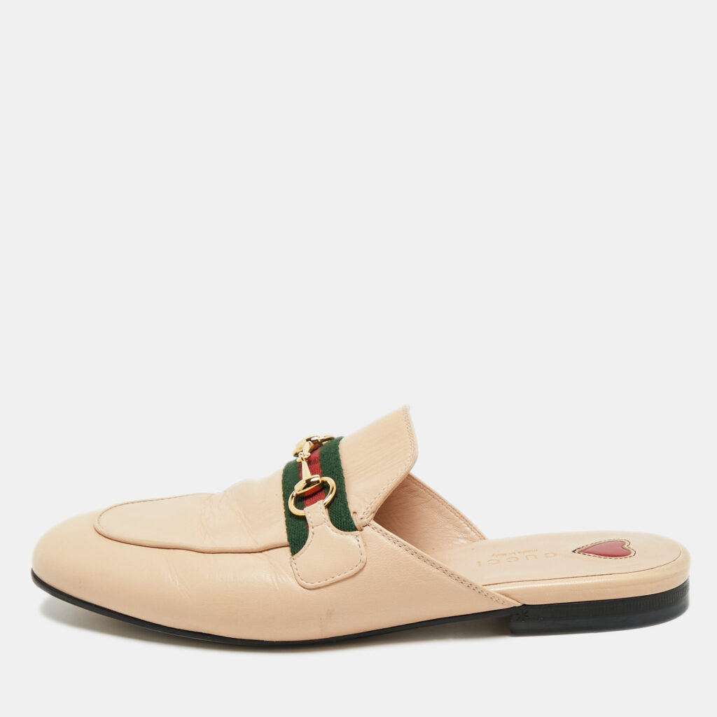 Gucci Beige Leather Princetown Horsebit Flat Mules Size 38