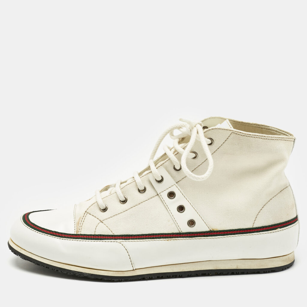 Gucci White Canvas and Leather High Top Sneakers Size 38.5