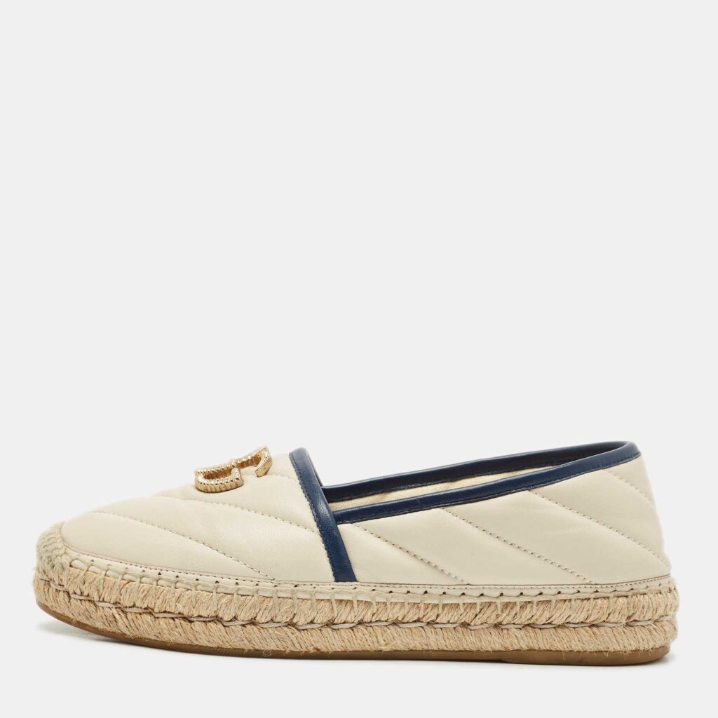 Gucci Beige/Navy Blue Quilted Leather GG Marmont Flat Espadrilles Size 36 Gucci Beige/Navy Blue Quilted Leather GG Marmont Flat Espadrilles Size 36