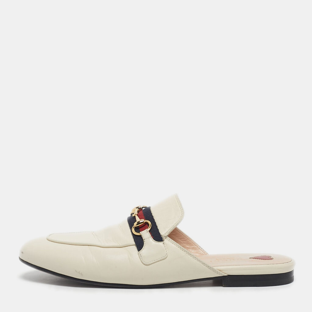 Gucci Off White Leather Princetown Flat Mules Size 38.5